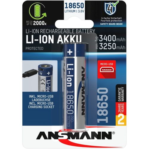 ANSMANN 18650 Li-ion 3400mAh védett akkumulátor USB töltéssel