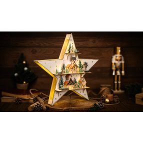   LED karácsonyi csillag tájképpel, fehér, fa, elemes (X25006)