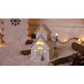 LED karácsonyi házikó,fa,fehér,elemes (X23008)
