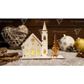 LED karácsonyi templom, fa, elemes (X24002)