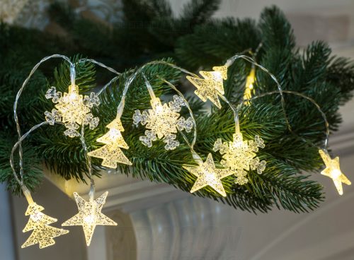 CHRSTSSTA10WW LED karácsonyi lánc, hópehely,fa, csillag, elemes (X22047)