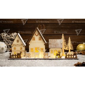 LED karácsonyi falu, fa, elemes (X24003)