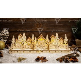 LED karácsonyi falu, fa, elemes (X24006)