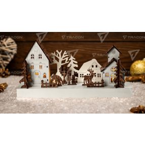 LED karácsonyi falu, fa, elemes (X24007)
