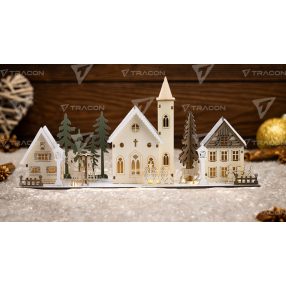 LED karácsonyi falu, fa, elemes (X24004)