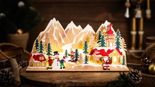 LED karácsonyi falu, fa, elemes (X25001)