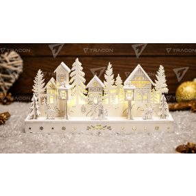 LED karácsonyi falu, fa, fehér, elemes (X24005)