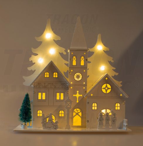 CHRWHCH10WW LED karácsonyi templom, fa, elemes (X22084)
