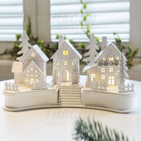 LED karácsonyi falu, fa, fehér, elemes (X22082)