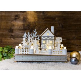 LED karácsonyi házikó, fa, fehér, elemes (X22080)