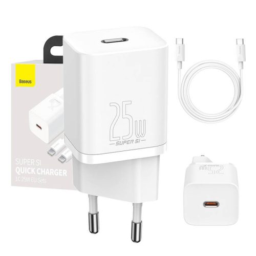 Baseus Super Si 1C 25W gyorstöltő adapter 1 m-es USB-C-USB-C kábellel (fehér)