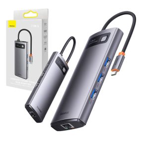   Baseus Metal Gleam Series 7 az 1-ben hub, USB-C - 3x USB 3.0 + HDMI + USB-C PD + VGA + Ethernet RJ45
