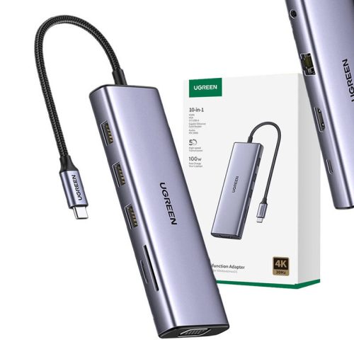 UGREEN Revodok CM498 10 az 1 tűs USB-C adapter - 3x USB-A 3.0, HDMI, VGA, RJ45, SD/TF, AUX3,5 mm, PD