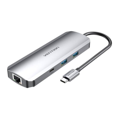 USB-C dokkolóállomás HDMI-hez, USB-C, 2x USB3.0, RJ45, SD, TF, TRRS 3,5 mm, PD 0,15 m Vention TOMHB (szürke)