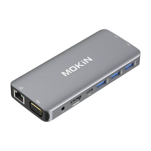 MOKiN 10 az 1-ben Adapter Hub USB-C - 3x USB 3.0 + USB-C töltés + HDMI + 3,5 mm-es audio + VGA + 2x RJ45 + Micro SD olvasó (ezüst)