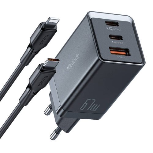 Mcdodo CH-1544 GaN fali töltő, 2x USB-C, 1x USB, 67W + USB-C-USB-C kábel (fekete)