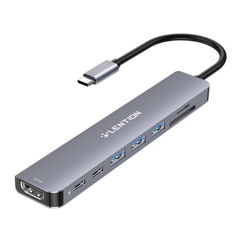 Lention 8 az 1-ben hub USB-C - 3x USB 3.0 + SD/TF + PD + USB-C + HDMI 4K60Hz (szürke)