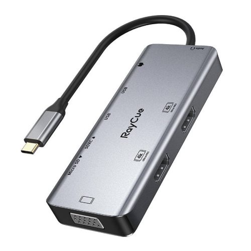 Hub 9 az 1-ben RayCue USB-C - 2x USB-A 3.0 5 Gbps + 2x SD/TF 3.0 + 2x HDMI 4K30Hz + VGA 1080p + jack 3,5 mm + PD 3.0 100 W (szürke)