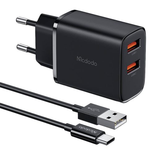 Mcdodo CH-5072 USB-A*2, 12 W-os töltő + USB-A-USB-C kábel (fekete)