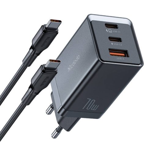 GaN Mcdodo CH-1543 hálózati töltő, 2x USB-C, 1x USB, 67W + USB-C – USB-C 2 m-es kábel (fekete)