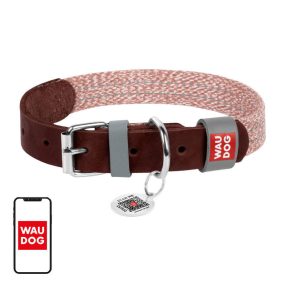   Dog collar made of natural leather and recycled material with QR code Waudog size L, width 25 mm, brown