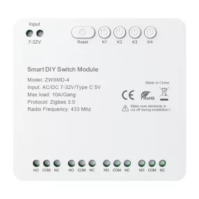   4 csatornás ZigBee kapcsolómodul feszültségmentes DC 32V-os érintkezővel Avatto ZWSMMD-4-32V