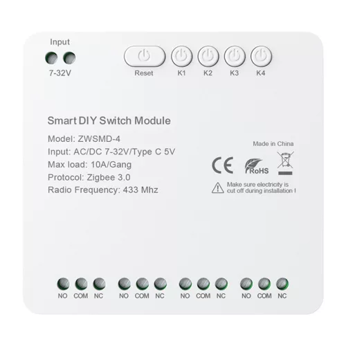 4 csatornás ZigBee kapcsolómodul feszültségmentes DC 32V-os érintkezővel Avatto ZWSMMD-4-32V