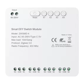   ZigBee 4 csatornás kapcsolómodul feszültségmentes DC 32V-os érintkezővel Avatto ZWSMMD-4-250V