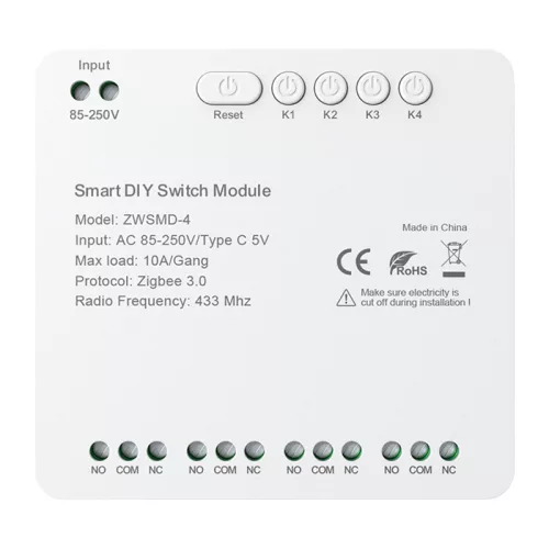 ZigBee 4 csatornás kapcsolómodul feszültségmentes DC 32V-os érintkezővel Avatto ZWSMMD-4-250V