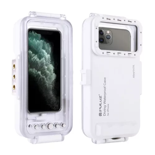 Puluz vízálló tok (45 m) iPhone-hoz: víz alatti fotókhoz és videókhoz (fehér)
