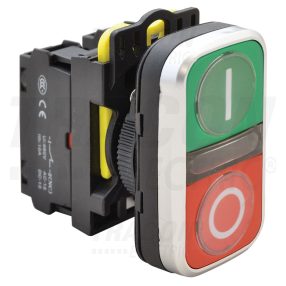 Kettős világító BE-KI nyomógomb, I-O, zöld+piros
