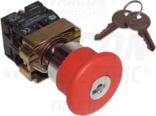 NYGBS142P Reteszelt gombafejű vészgomb, fémalap, piros, kulcsos