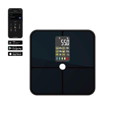 AENO ABS0002S BS2S testmérleg,  180 kg-ig terhelhető, SMART funkciók, profilok, BMI index elemzés, színes kijelző