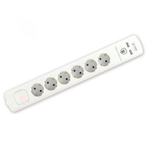   Home NVT 06K USB/WH túlfeszültség védett hálózati elosztó, 1,4 m, kapcsolós, H05VV-F 3G1,5 mm2 kábel, 6 aljzat, max. 3680W, falra akasztható, USB töltőaljzatok