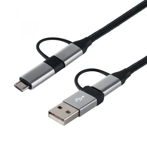 USB MULTI Home USB MULTI 4in1 töltőkábel, USB-C, microUSB, USB-A, QC, PD, szőtt nejlon, 480 Mbps, 60Wmax, 1,5m vezeték