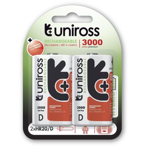 Uniross D/góliát 1,2V 3000mAh Ni-MH HYBRIO akkumulátor 2db/csomag