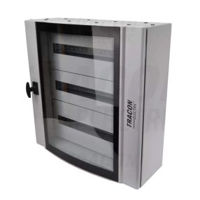 Ívelt biztonsági üveg- és fémajtós elosztószekrény 