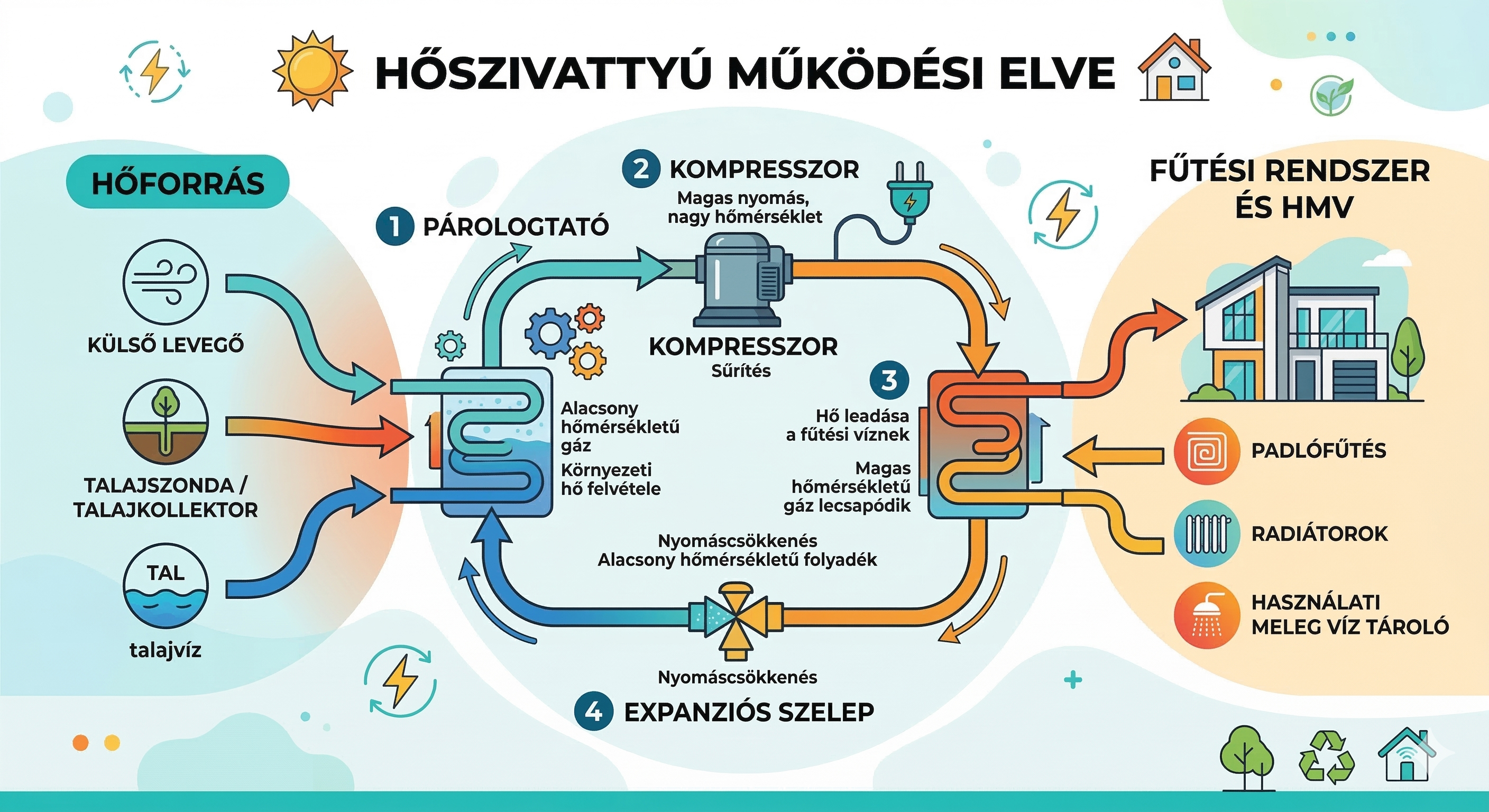 Hőszivattyú működési elve infografika